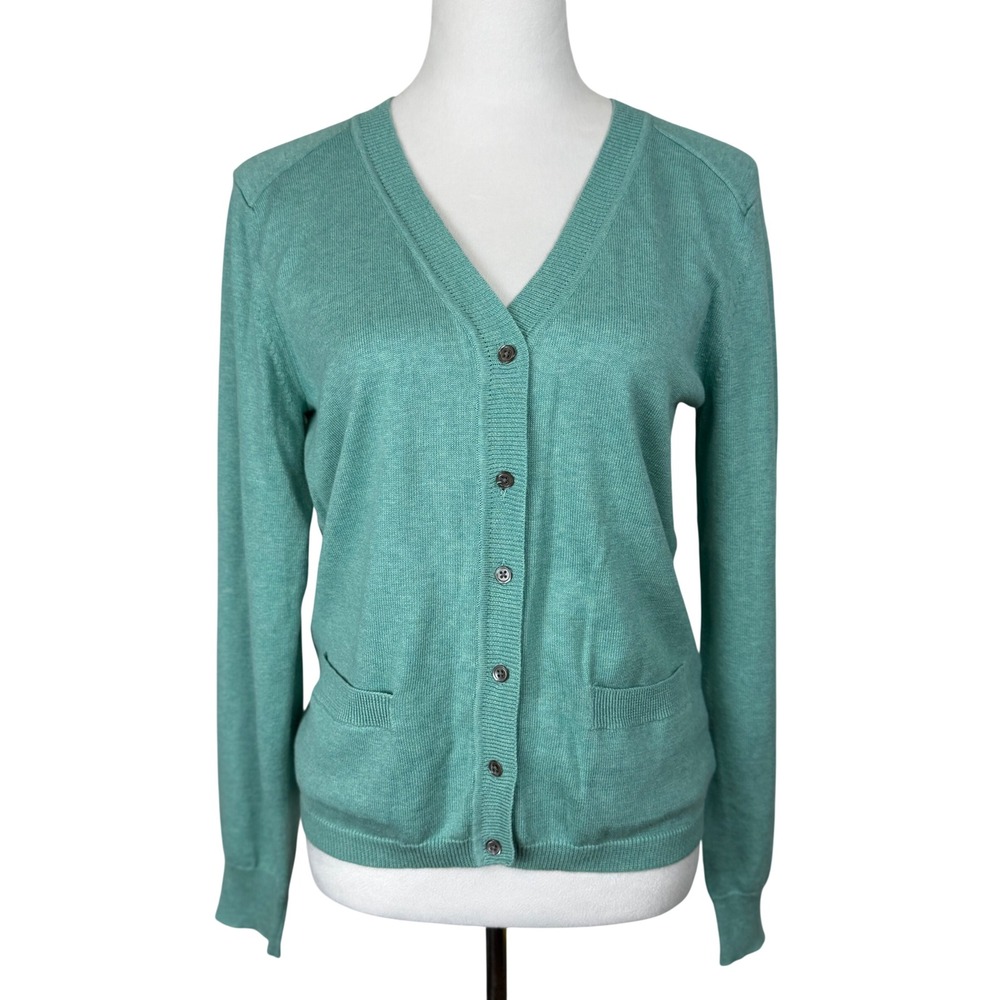 Eddie Bauer Women Cotton Cashmere Cardigan M Tall Green V-Neck Button Pocket